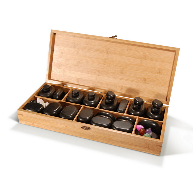 Deluxe Basalt Massage Hot Stone Set with Bamboo Box