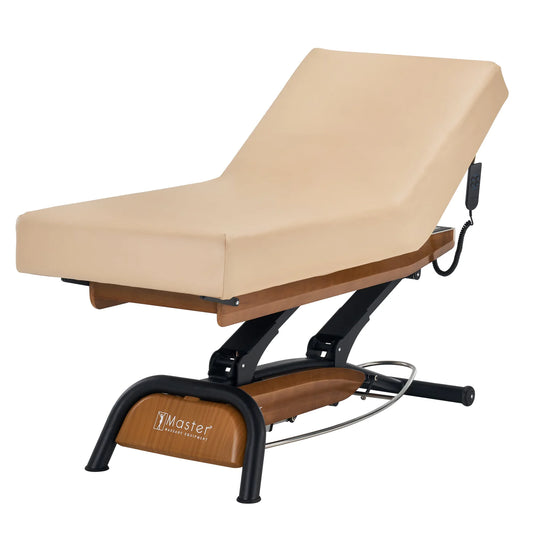 Spabodega Atlas Liftback Electric Lift Spa Salon Stationary Bed - Cream Top with Walnut/Oak  Base